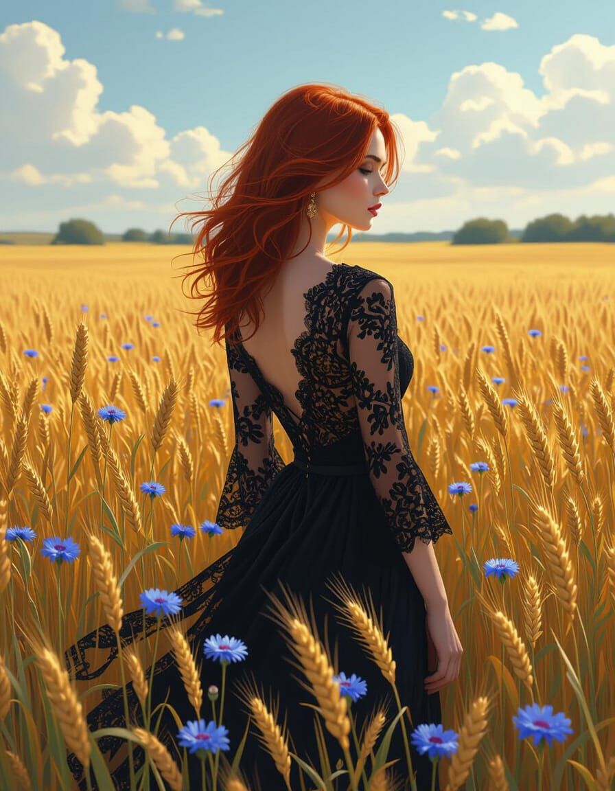 Woman in Wheat Field: Graffiti Art with Lace