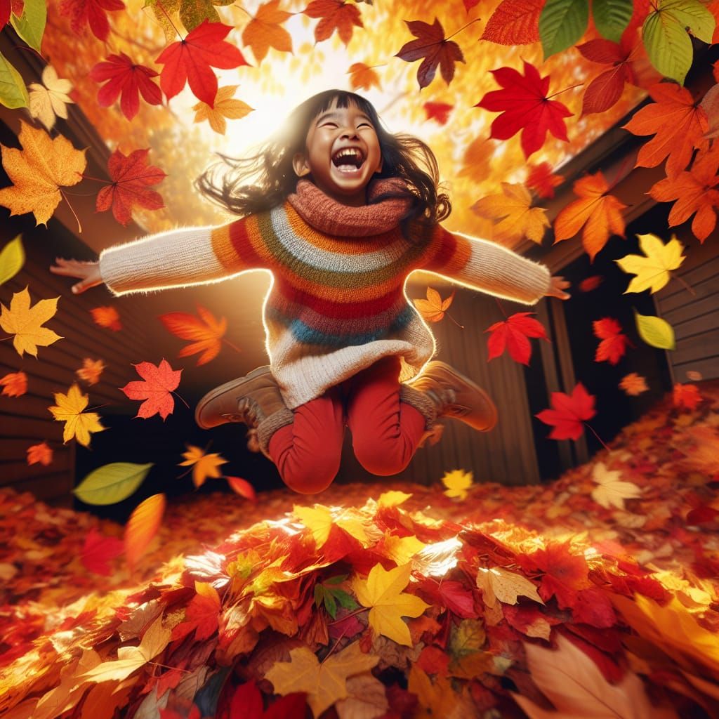 Joyful Girl Leaping into Autumn Leaves