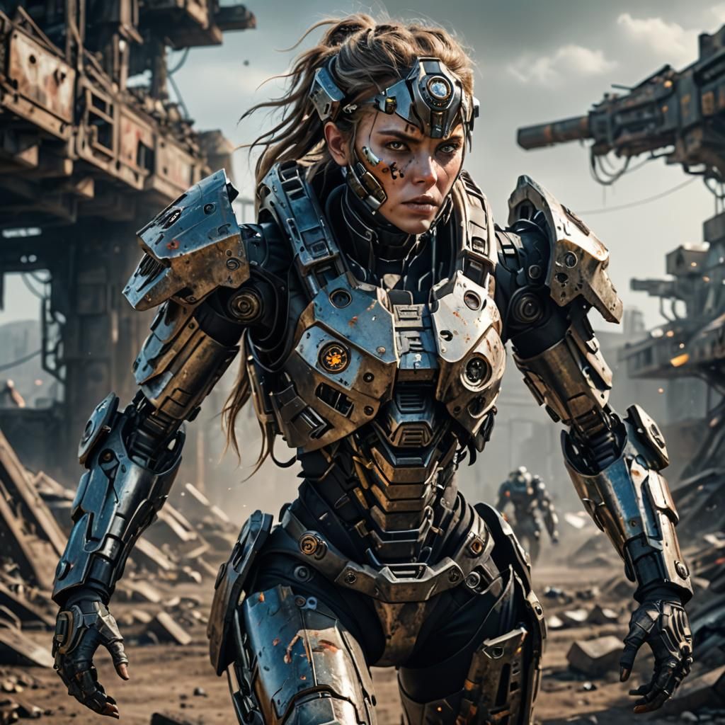 Bionic Female Warrior in Post-Apocalyptic Action