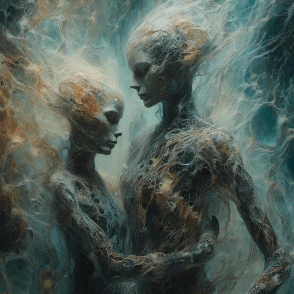 Merging Figures in Surreal Iridescent Oil Painting