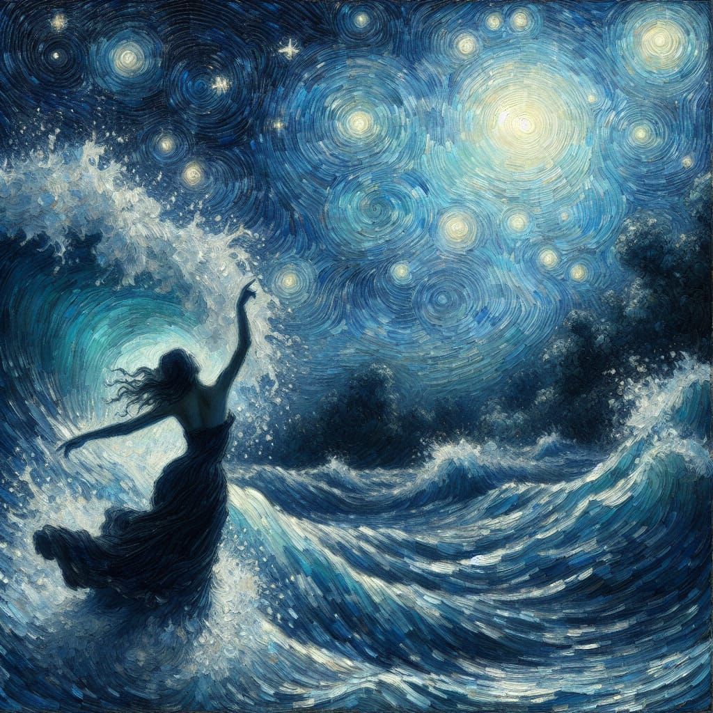 Woman dancing in dark blue waves under celestial sky