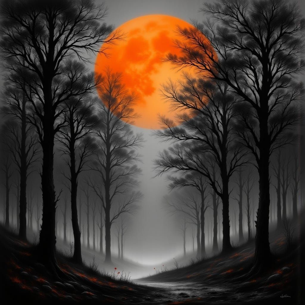 Monochrome Forest with Orange Moon, Inspired by Sci-Fi Art