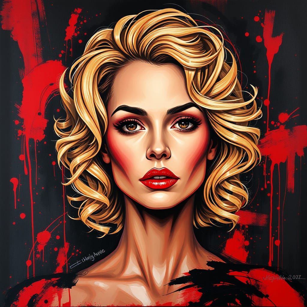 Vibrant Woman in Dynamic Abstract Background with Blonde Cur...