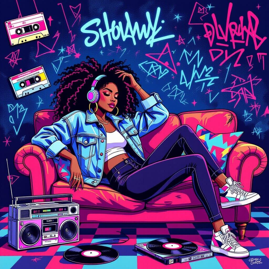 Vibrant 80s Style Black Woman on Retro Couch