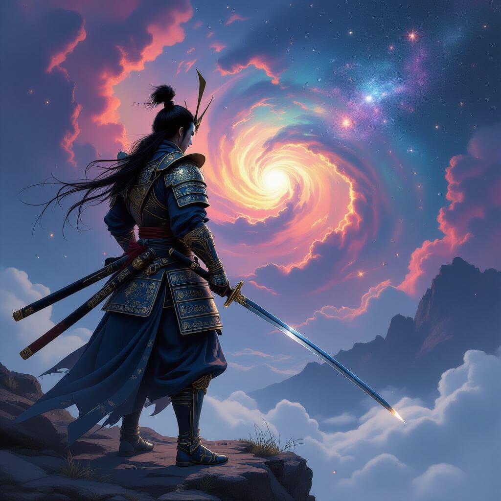 Samurai Warrior on Cliff Overlooking Nebula in Fantasy Art S...