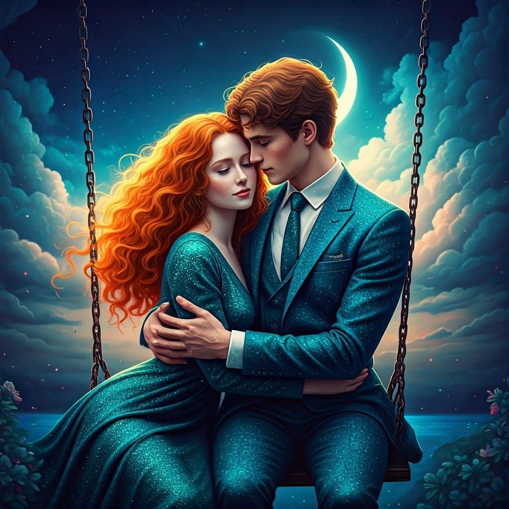 Romantic Couple Embrace Under Crescent Moon in Anime Style