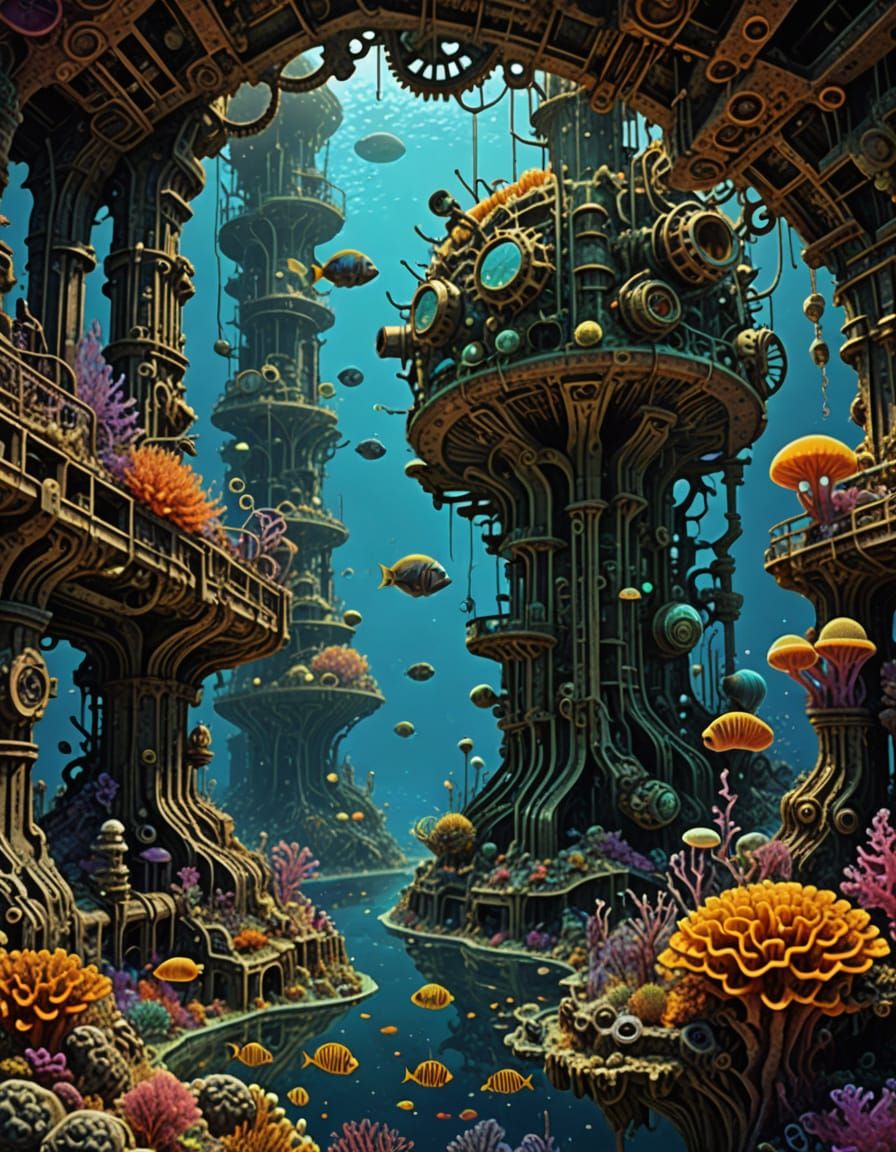 Oilpunk Divers Discover Sunken Gears and Pipes in a Biolumin...