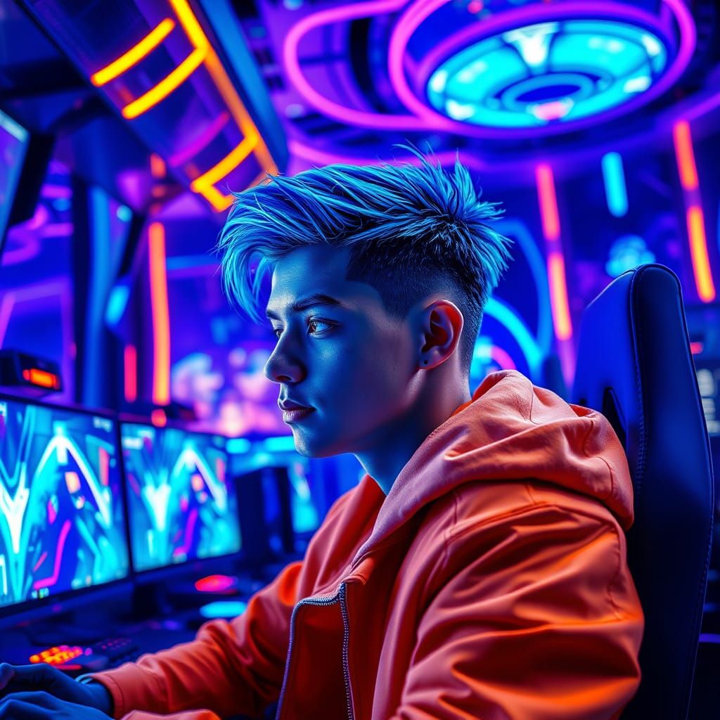 Blue Haired Gamer in Futuristic Setup