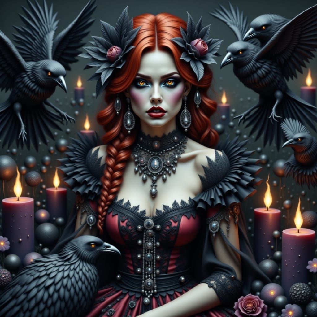 Gothic Woman with Crows and Candles in Astral Style