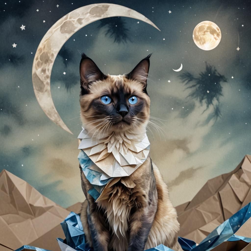 Surreal Calico Cat Gazing at Moon with Reflection