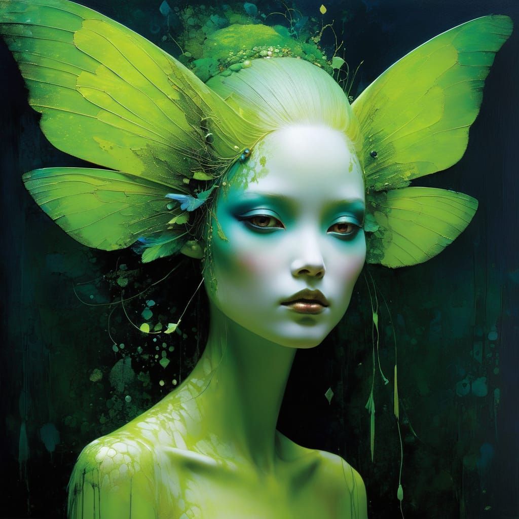 Whimsical Fairy in Vibrant Lime Green, Mixed Media Art