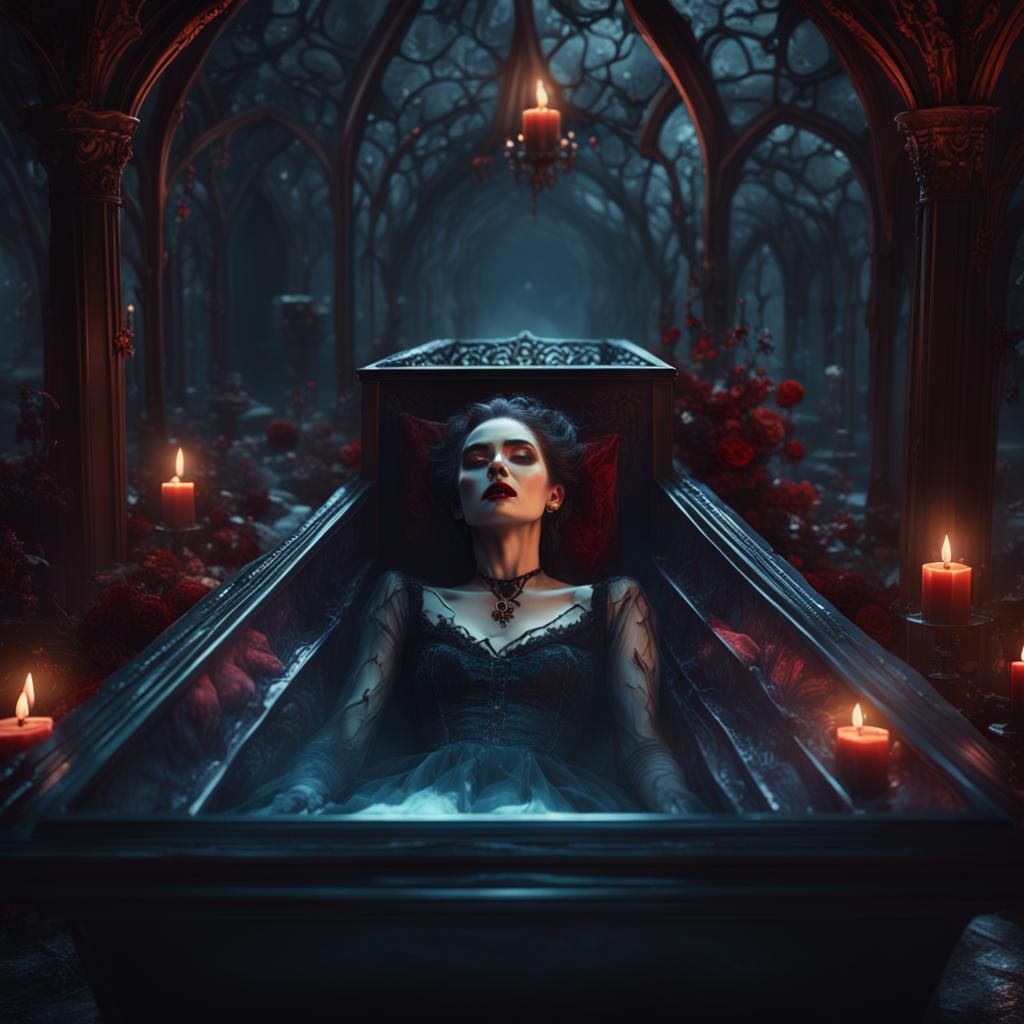 Vampire Woman in Glass Coffin: Fantasy Art