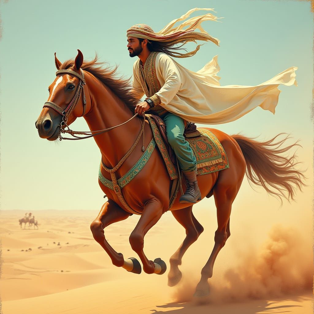Arabian Mare Gallops Through Desert in Vibrant Style