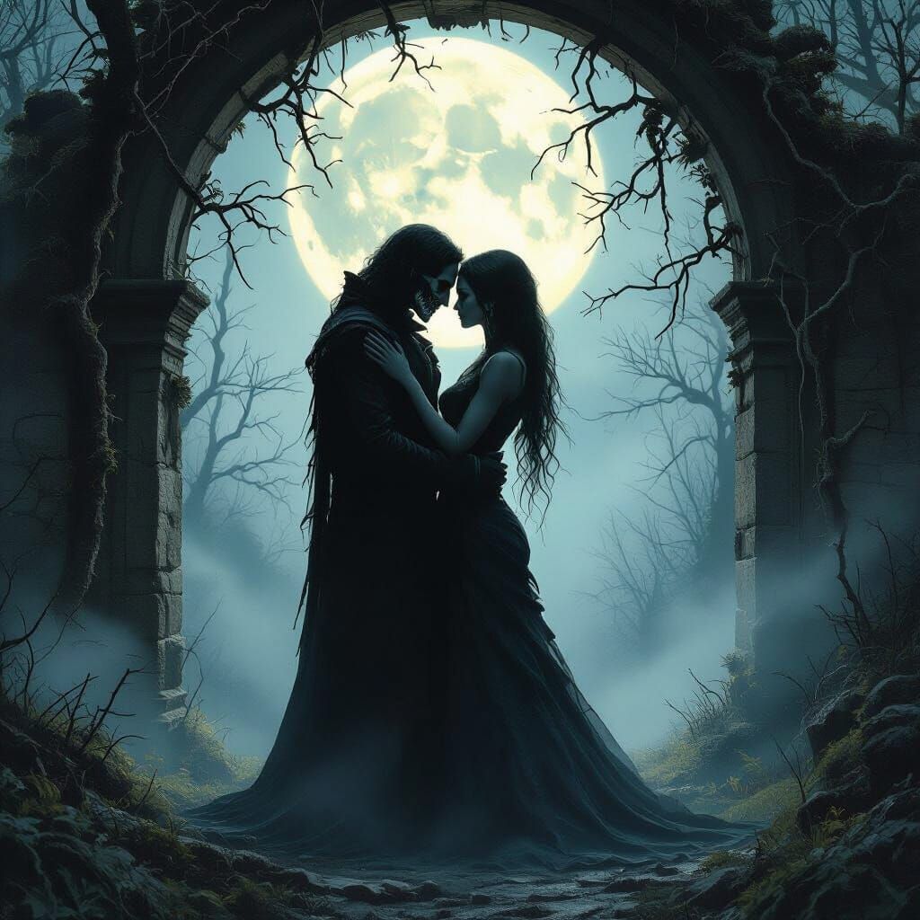 Dark Fantasy Romance: Skeletal Lovers Under Moonlit Arch