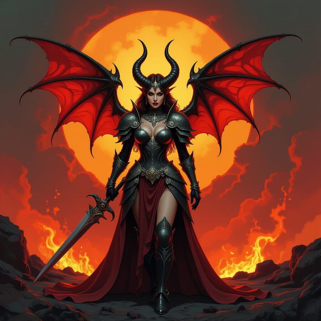 Demonette in Baroque Armor Amidst Fiery Hellscape
