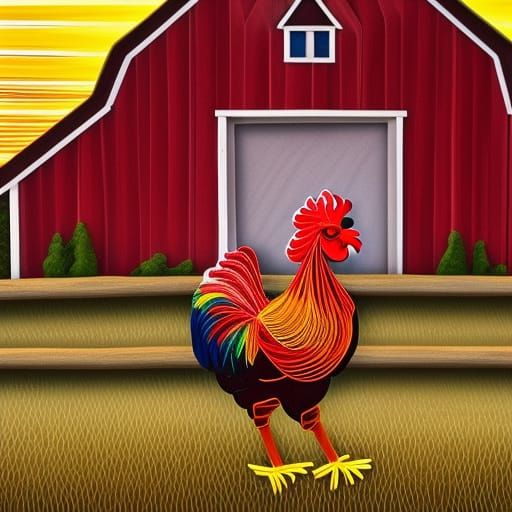 Hyperrealistic Rooster and Barn in Quilling Style