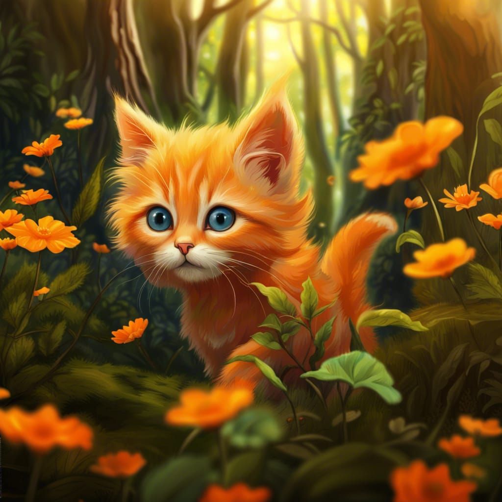 Orange Kitten in Wildflower Forest: Fantasy Concept Art