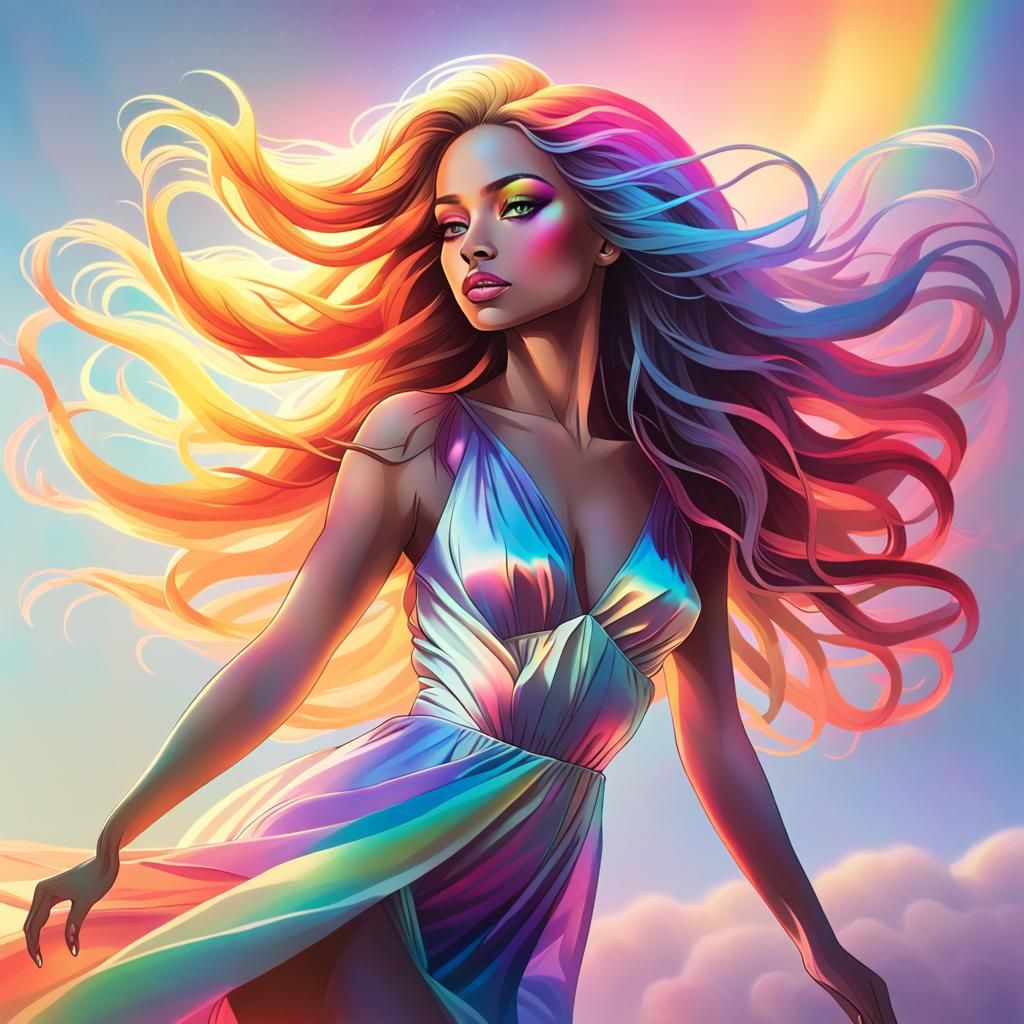 Radiant Woman with Rainbow Sky and Ethereal Glow