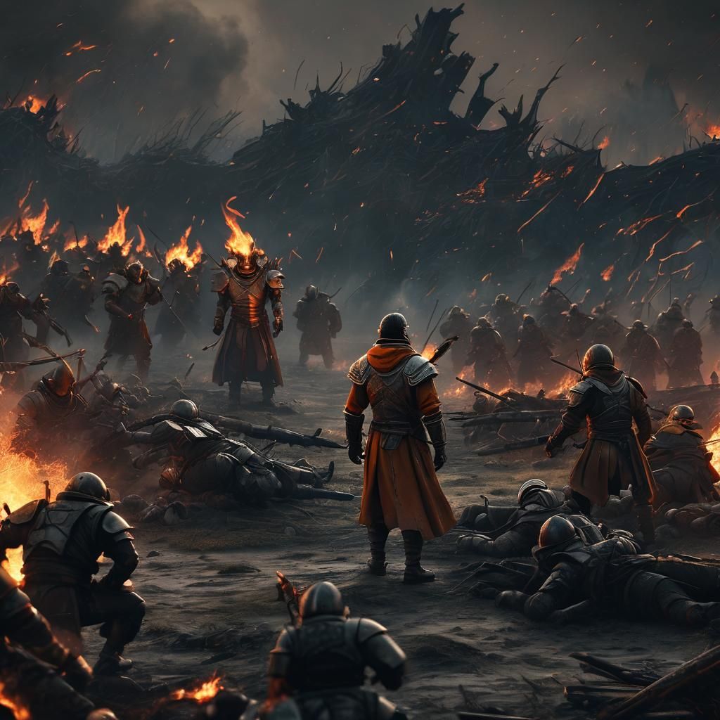 Epic Warrior Blazes Fire on a Battle-Torn Landscape in a Dra...