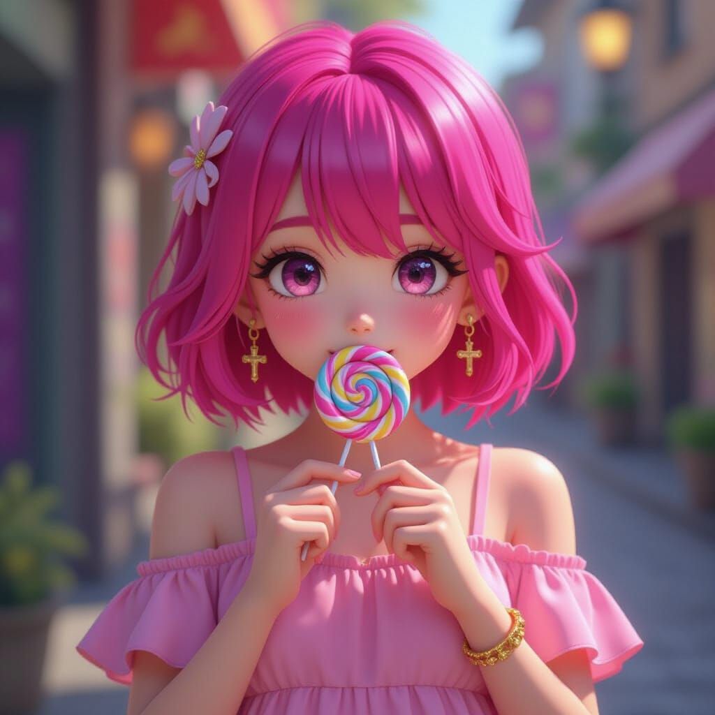 Pink-Haired Girl Enjoys Lollipop: 3D Anime Art