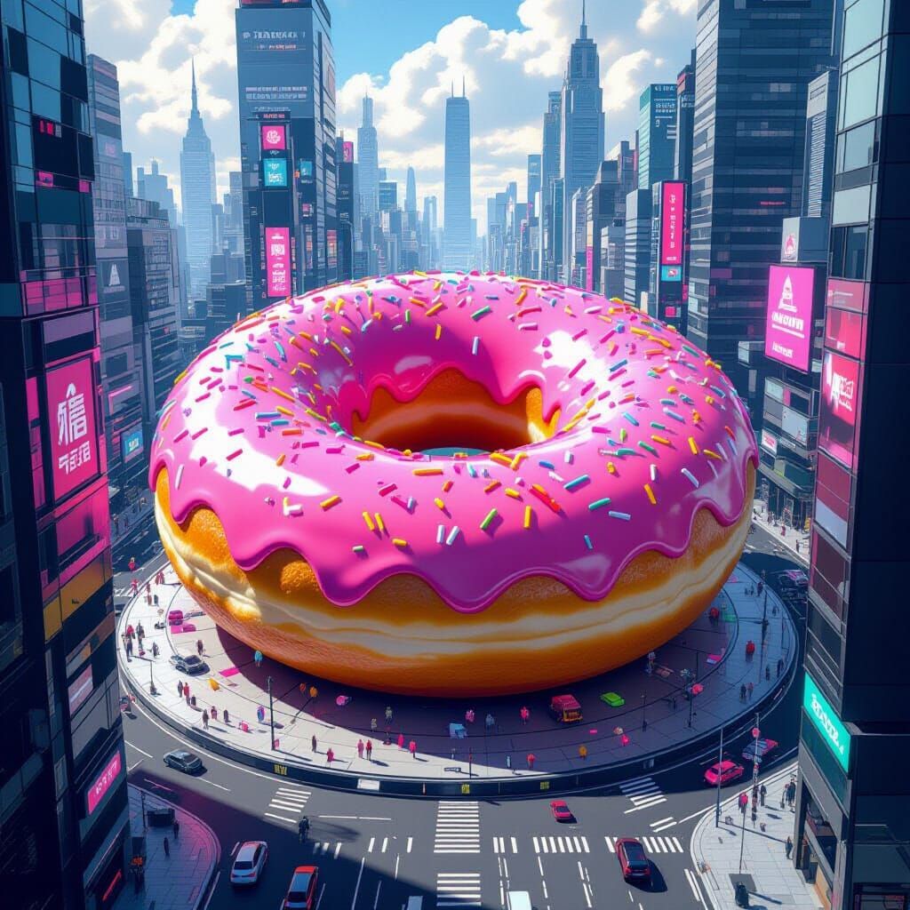Gigantic Pink Donut in Futuristic Cityscape