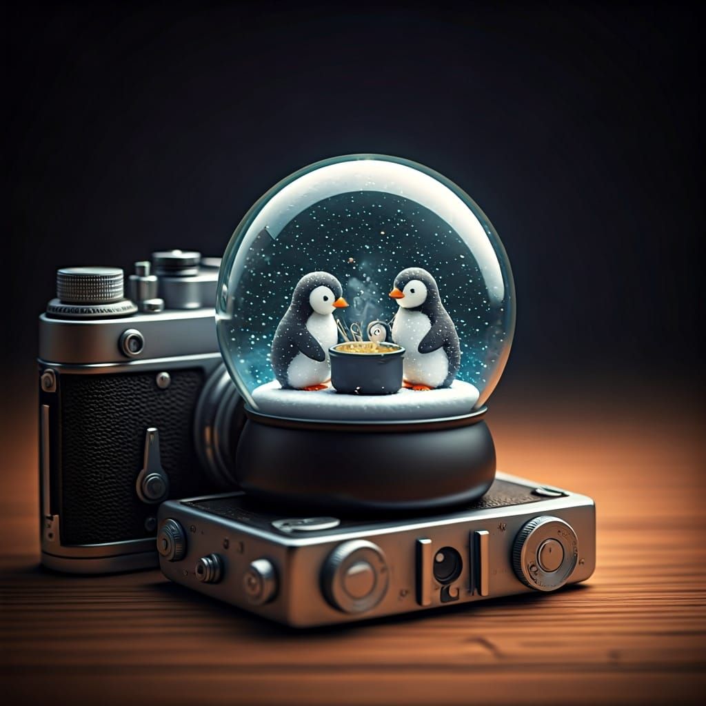 Penguin Family Dinner in Snow Globe, Whimsical Art