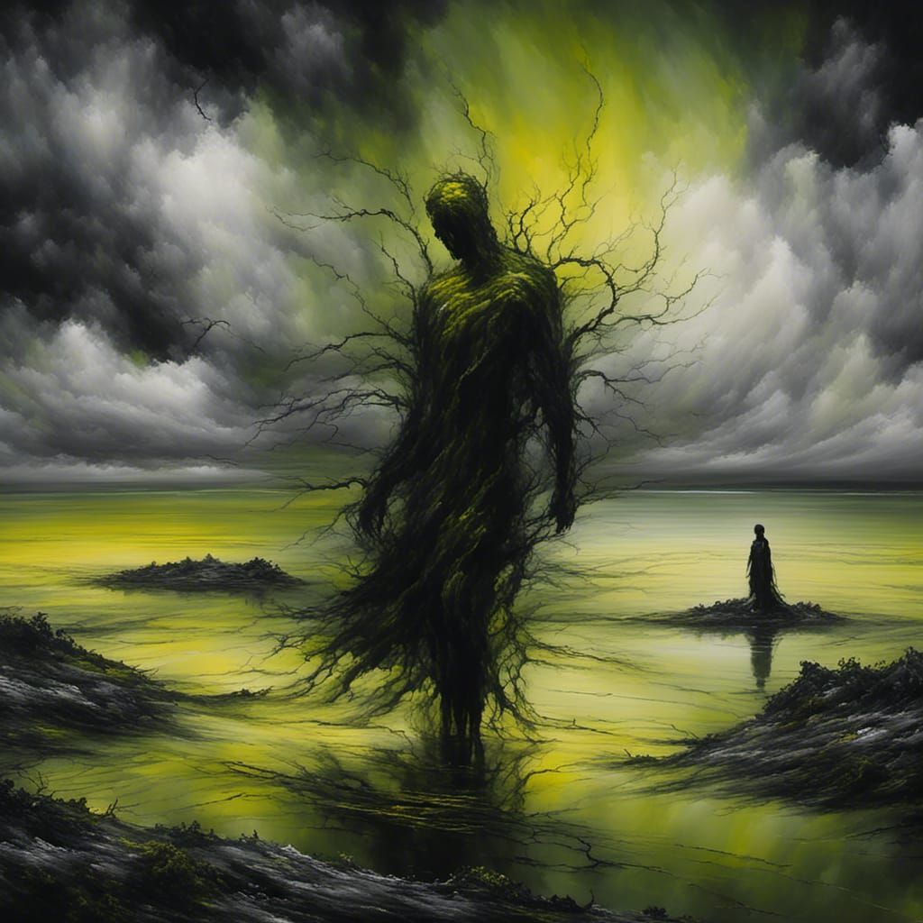 Surreal God on Apocalyptic Shore as Oil Painting