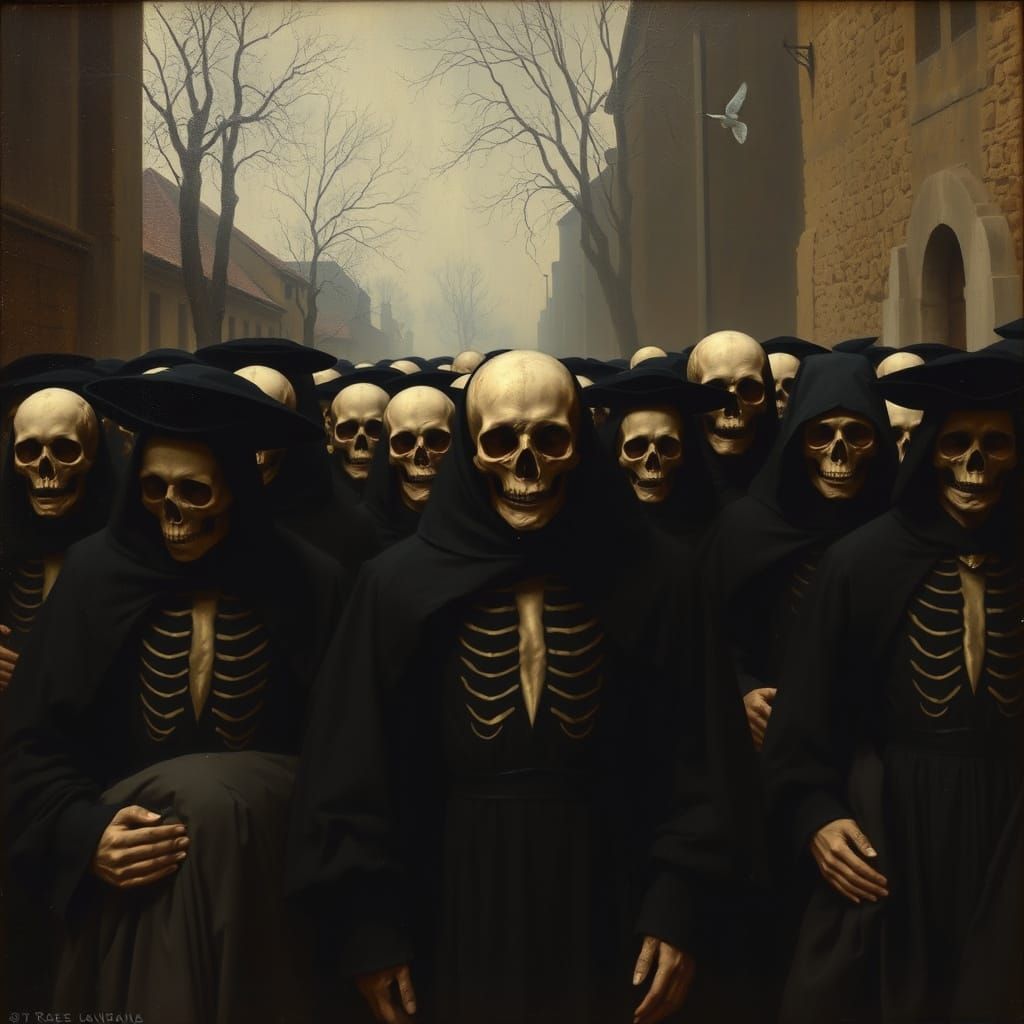 Mourners in Black with Visible Skeletons