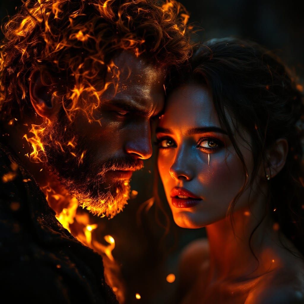 Dramatic Portrait of Fire Man and Crying Woman