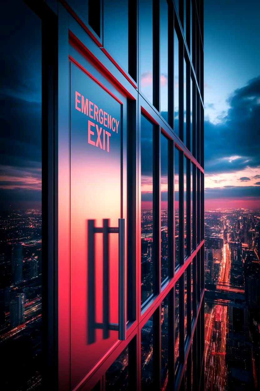 Emergency Exit on Glass Skyscraper: Drone View
