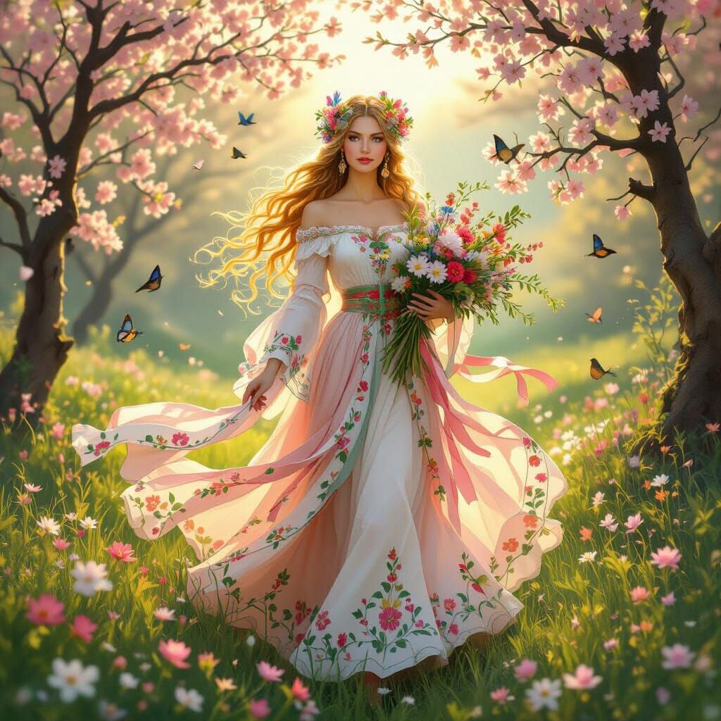 Goddess Lada in Spring Meadow, Romantic Fantasy Art