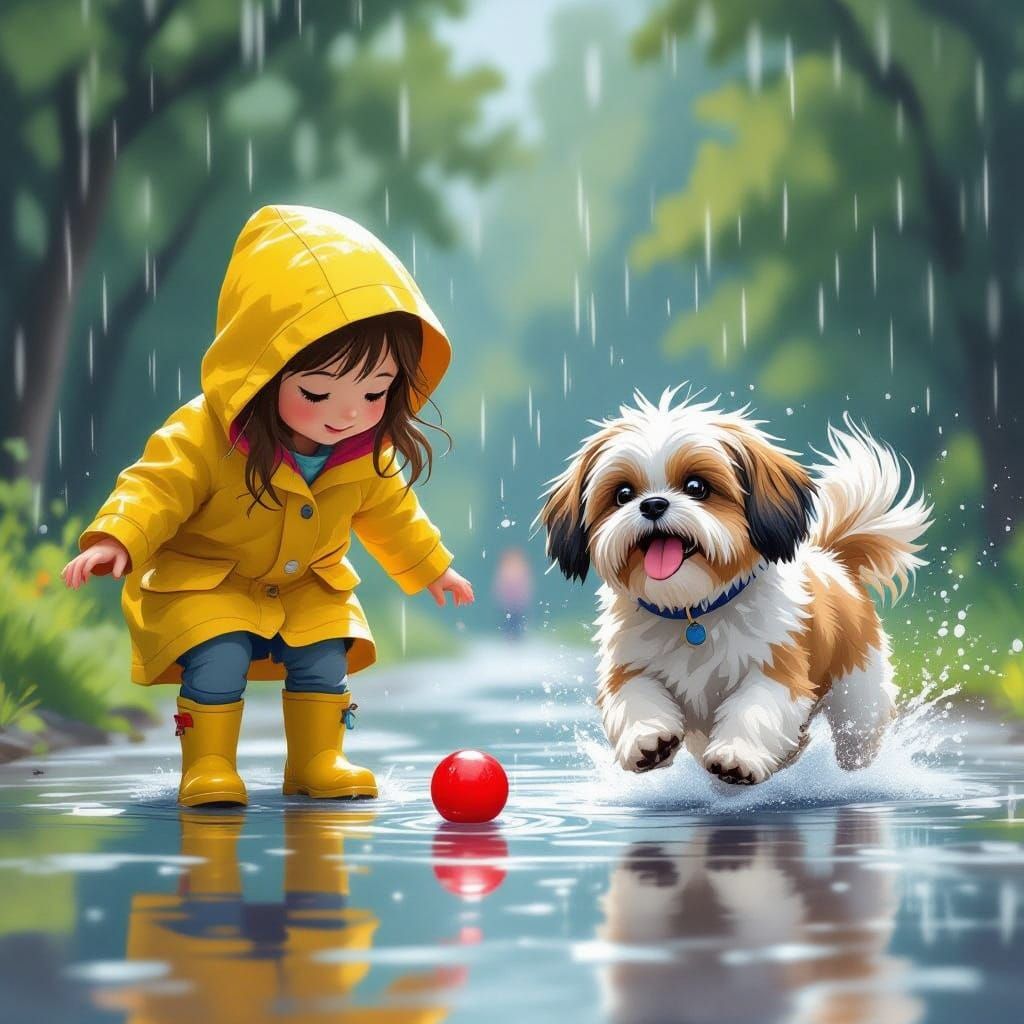 Happy Shih Tzu and Girl Play in Rainy Puddles