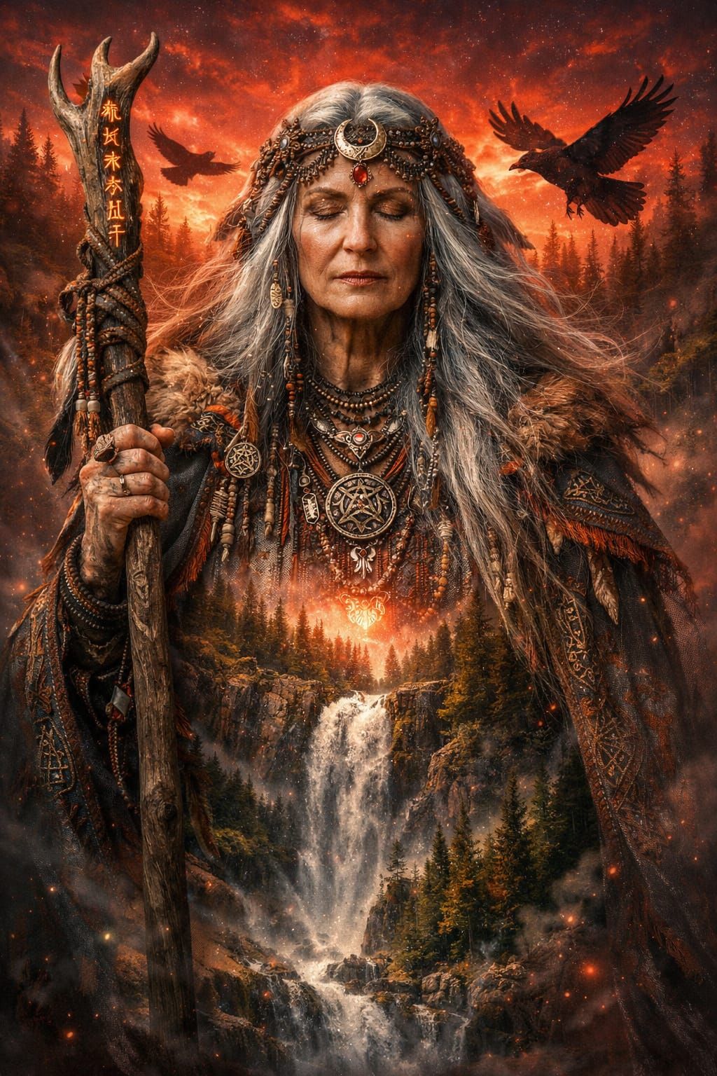 Vรถlva's Prophecy: Ancient Forest and Misty Sunset