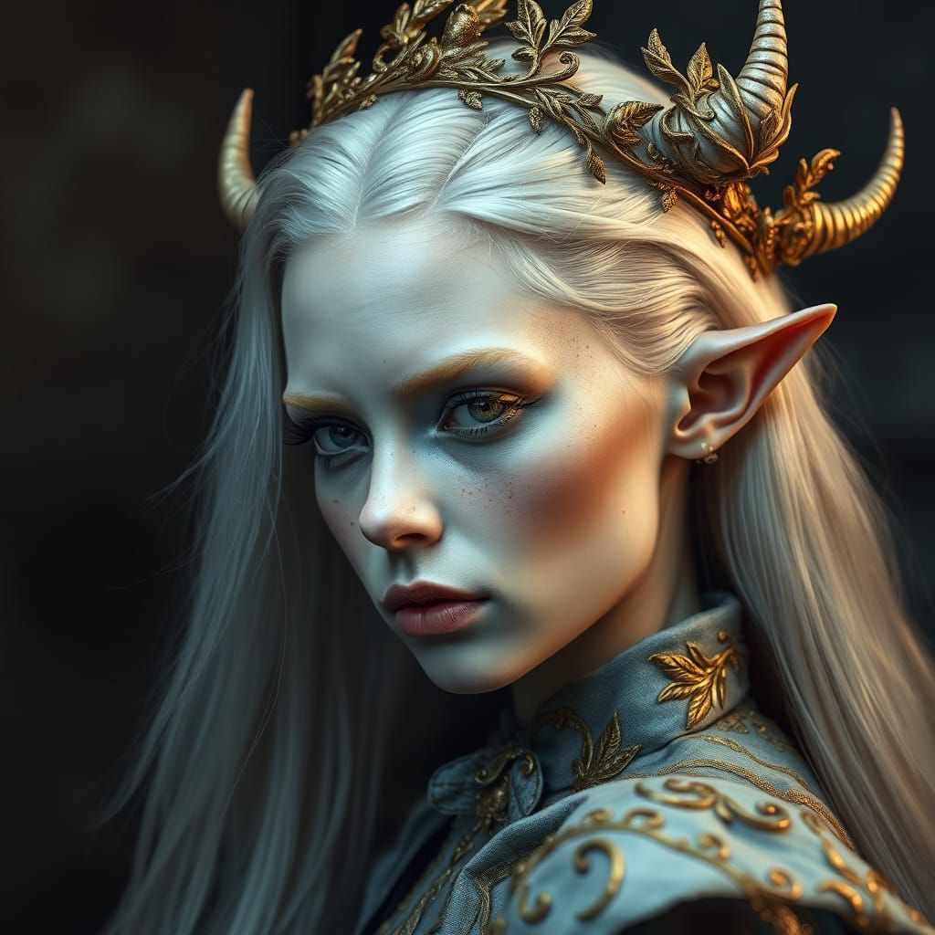 Ethereal Figure with Platinum Hair and Golden Crown