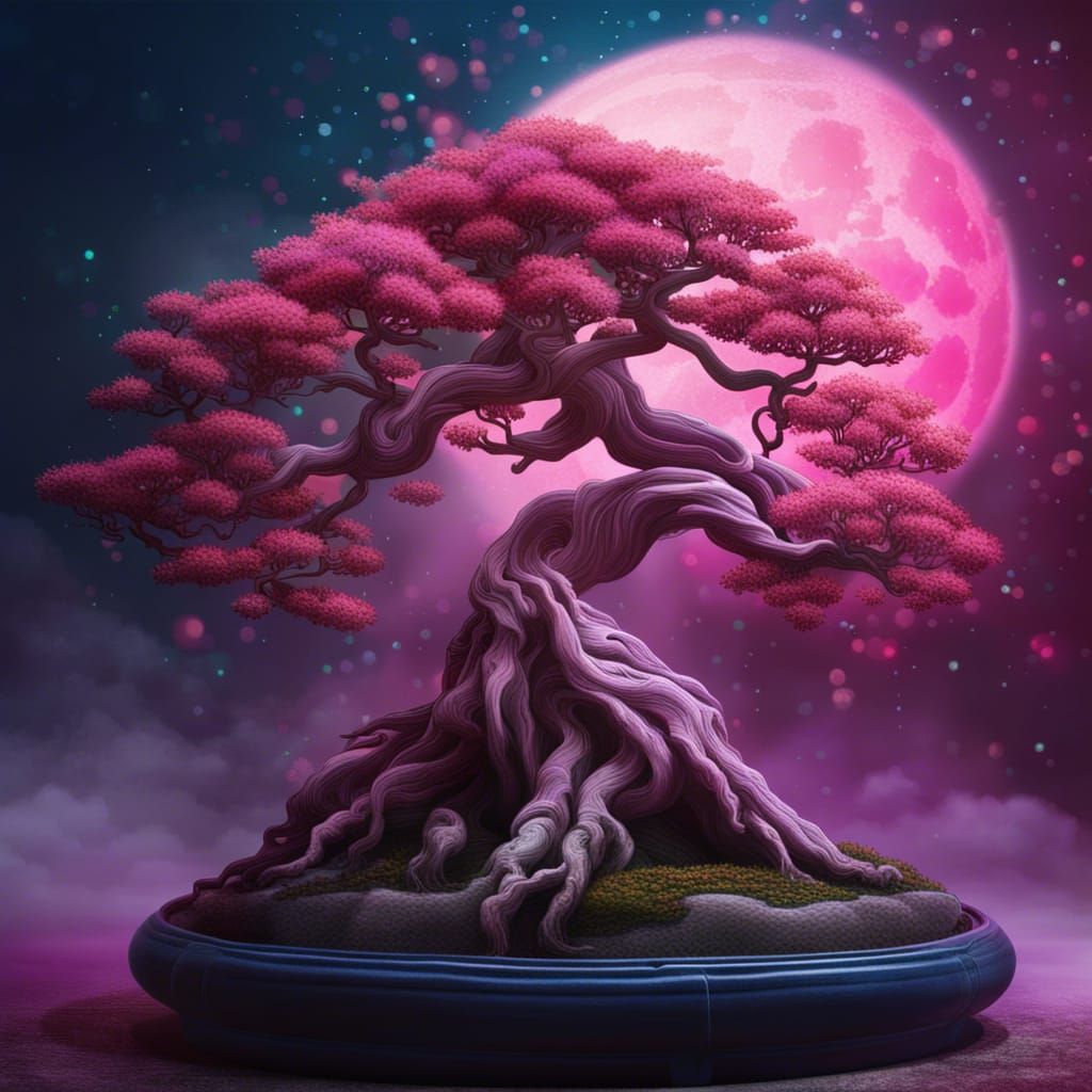 Pink Bonsai Tree Under Moonlit Sky