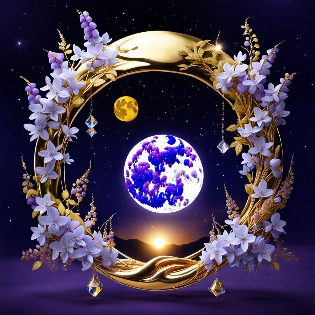 Surreal Creation of Crystal, Moon, Gold, and Wisteria