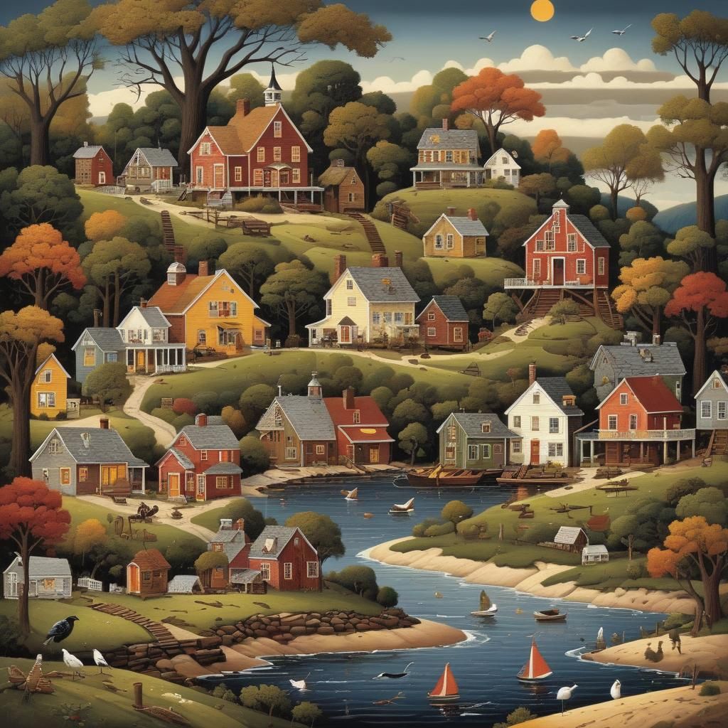 Charming Harbor Scene in Naive Art Style