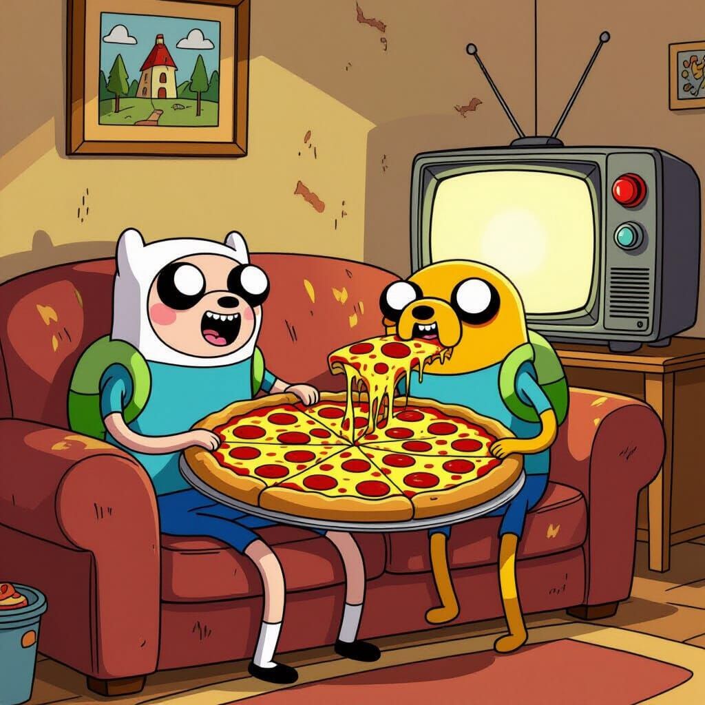 Adventure Time Duo Relaxes with Pizza and TV