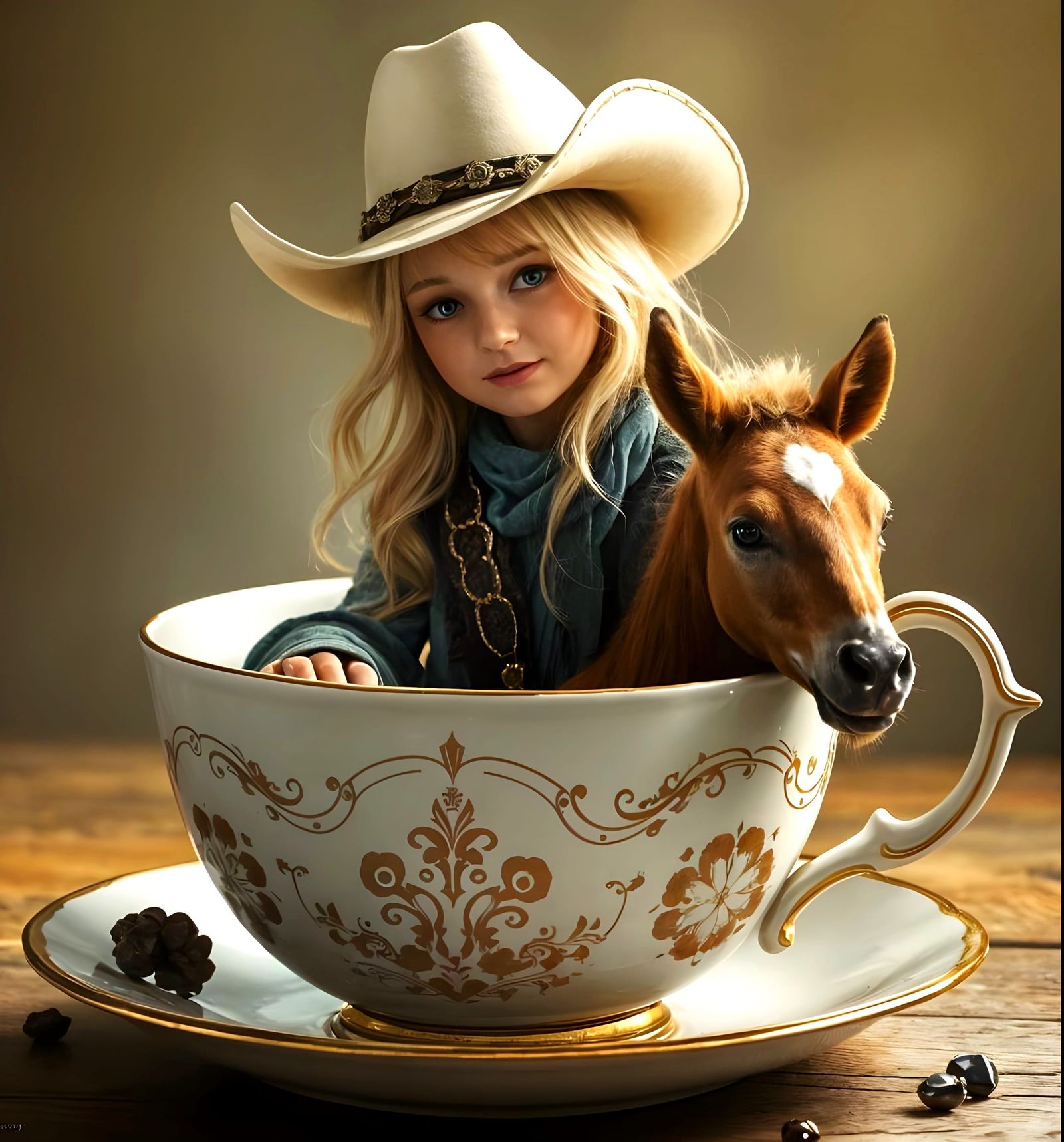 Cowgirl in Teacup with Foal, Photorealistic Art