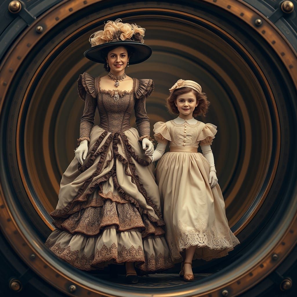 Victorian Mother and Daughter Emerge from Camera Lens