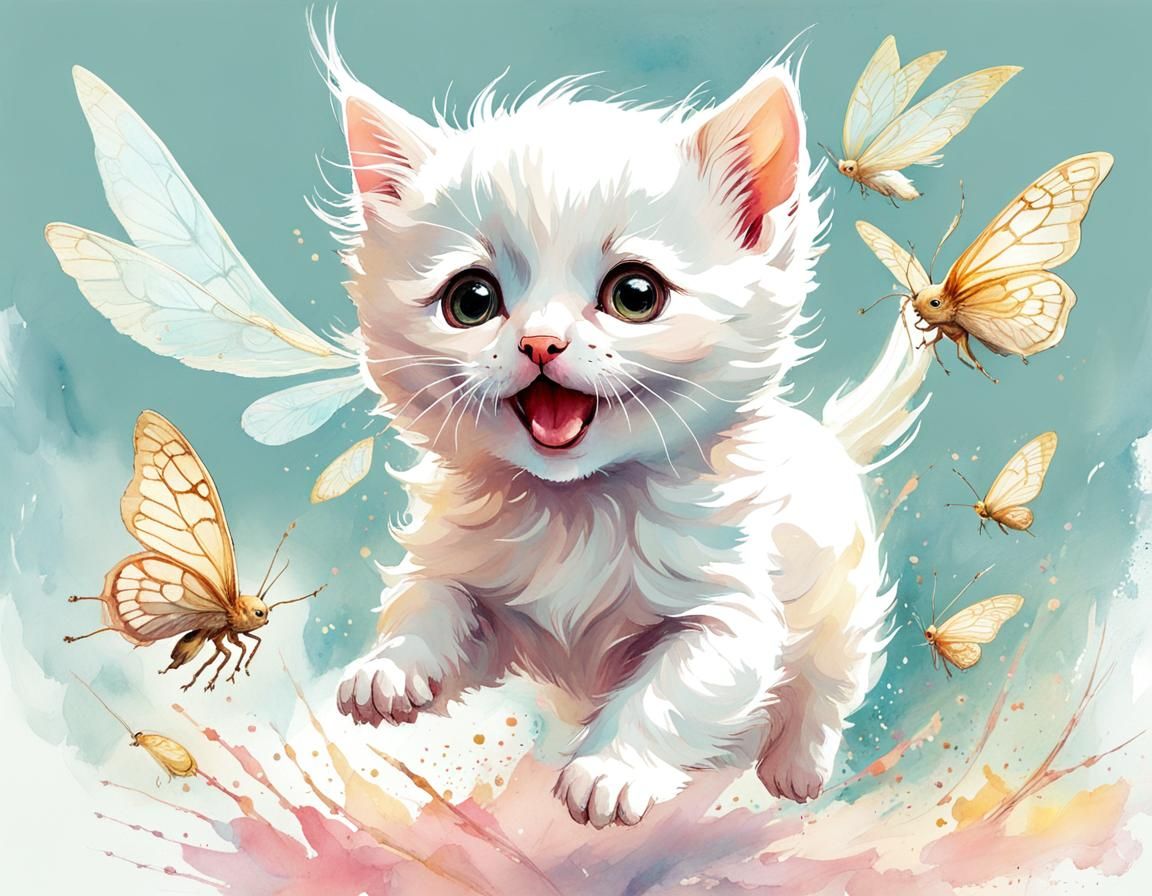 Chibi Kitten Chasing Flavescent Moths in Watercolor