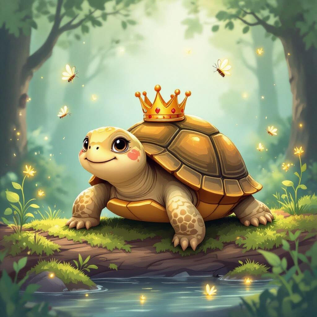 Whimsical Turtle King in Enchanted Forest Storybook Style