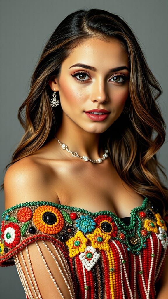 Beadwork Portrait of a Woman in Detailed Dress