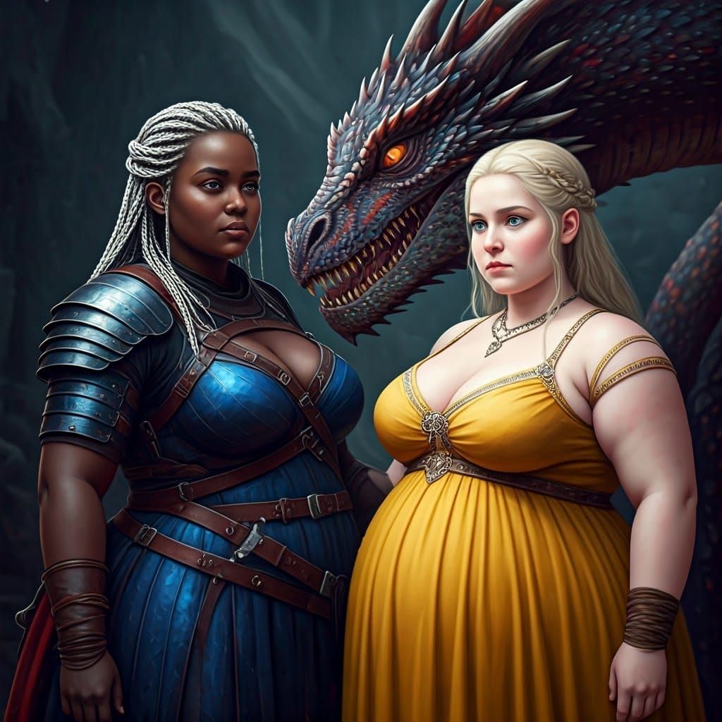 Two Girls and Their Majestic Dragon in Valyria Blue and Yell...