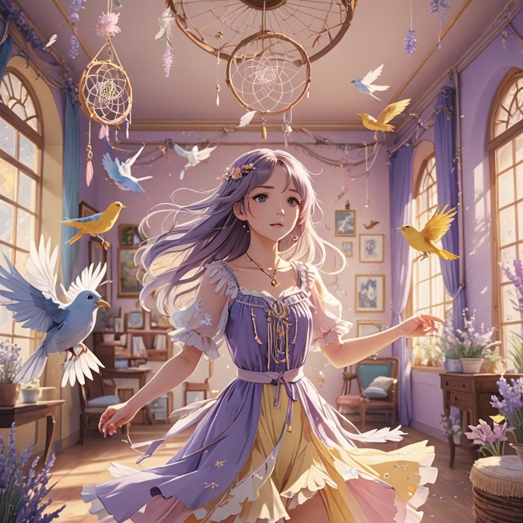 Anime Girl Dances with Birds in Lavender Room