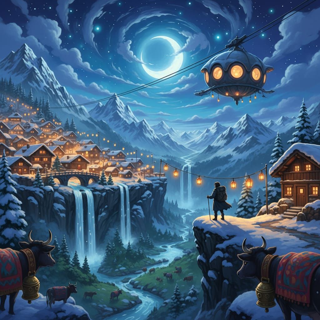 Enchanting Alpine Village at Night with Hiker and Mountains