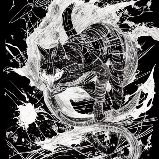 Hyperdetailed Ninja Cat Illustration in Mixed Media