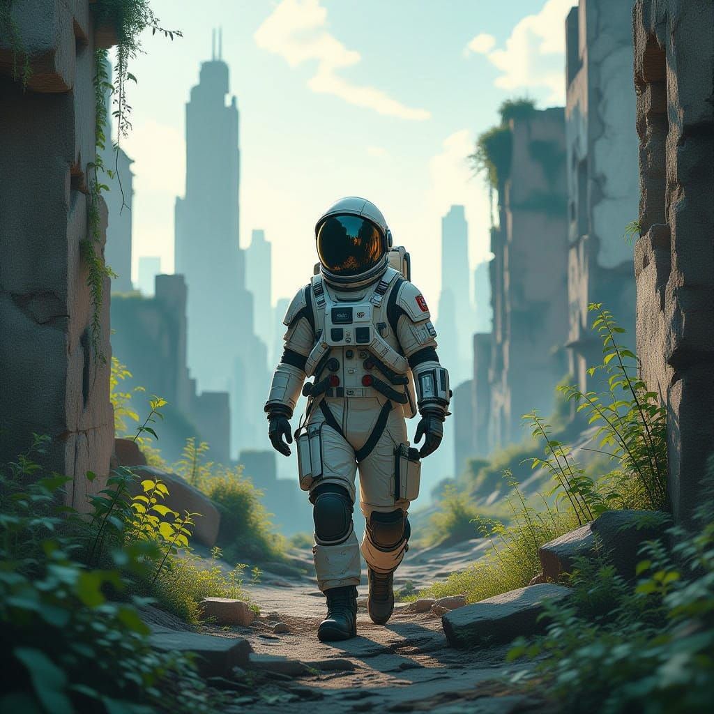 Spectral Explorer Drifting Through Alien City Ruins