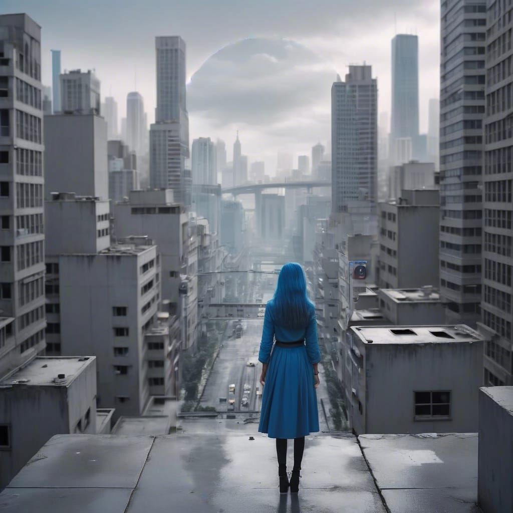 Lonely Girl Pops in Grey Cityscape