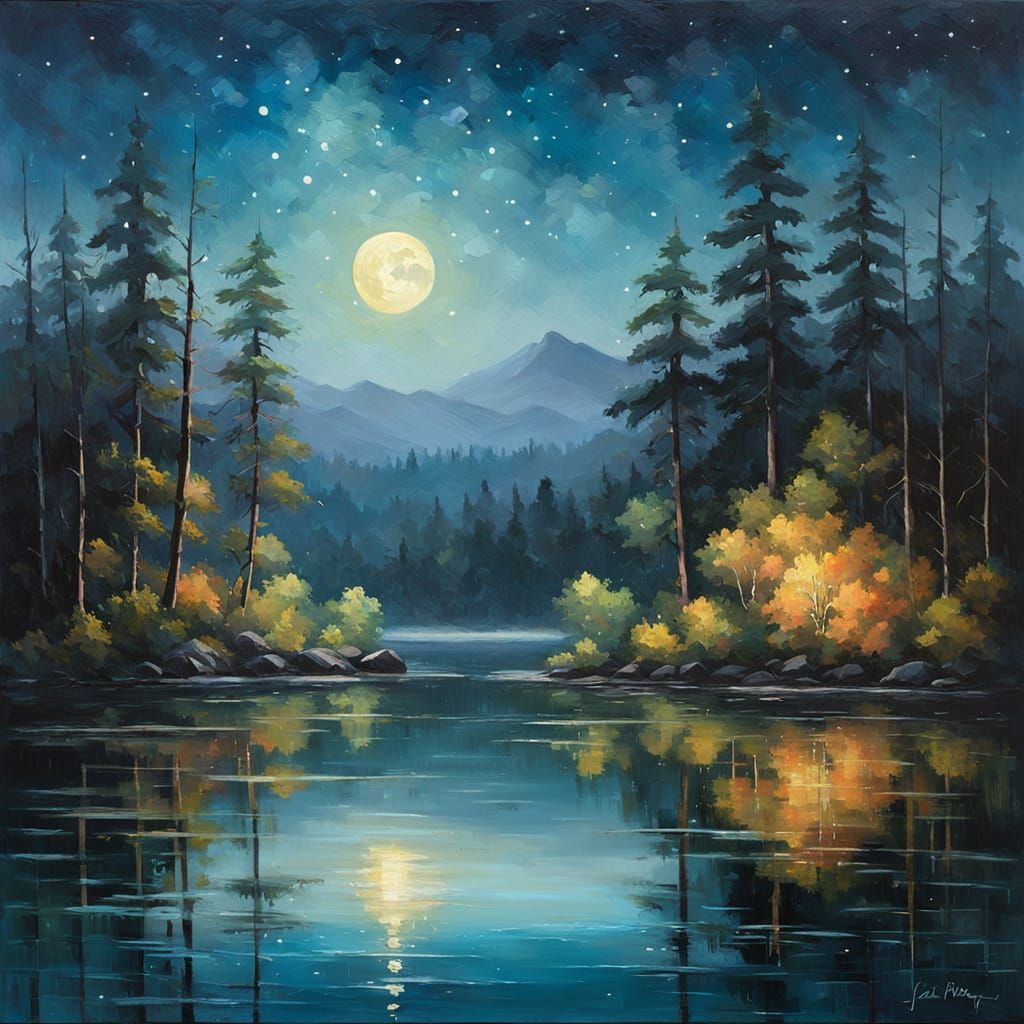 Dreamy Lake at Night in Oil Painting Style
